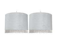 firstchoicelighting Set of 2 Silvery Grey Velvet Easy Fit Ceiling Lightshades, Large Modern Pendant Shades, Fringe Detail, Diameter 38 cm