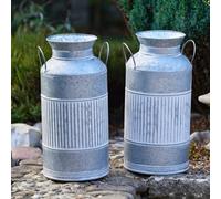 Burgess Home & Garden Galvanised Milk Churn Planters Set of 2, Ribbed Metal Garden Flower Pots, Tall Rustic Trough Planter Pair, Indoor & Outdoor