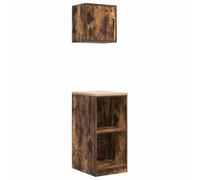 Set of 2 Garage Cabinets Smoked Oak Wood Material with Pine Worktop 40 x 51 x 85 cm and Wall Cabinet 40 x 30 x 41 cm for Workshop Warehouse Garage Multi-Purpose Storage and Order