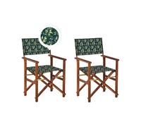 Set of 2 Acacia Folding Chairs and 2 Replacement Fabrics Dark Wood with Off-White / Olives Pattern CINE