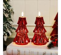 Set of 2 Glass Mercury Christmas Tree Christmas Indoor Decoration Cordless Battery Operated Light Xmas Tree with Timer Sparking Led for Xmas Holiday Mantel, Table Centerpiece Festive Home Decor Red