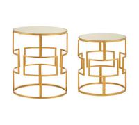 Set of 2 Glass Round Top Side Tables with Gold Metal Rectangular Sections Frame,