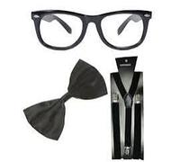 Set of 2 Glasses with Clear Lenses, 2 Bow Ties, 2 Braces & Fake Blood Tube (16ml) with Temporary Tattoo Scars - Halloween Couple Fancy Dress Costume Accessory Pack for Adults