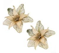 Set of 2 Glittered Artificial Christmas Flowers for Tree, Wedding and Holiday Decoration Fabric Material (Gold)