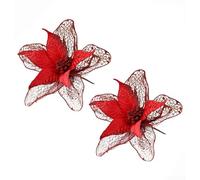 Set of 2 Glittered Artificial Christmas Flowers for Tree, Wedding and Holiday Decoration Fabric Material (Red)
