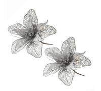 Set of 2 Glittered Artificial Christmas Flowers for Tree, Wedding and Holiday Decoration Fabric Material (Silver)