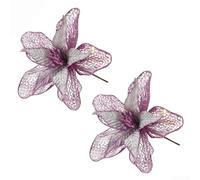 Set of 2 Glittered Artificial Christmas Flowers for Tree, Wedding and Holiday Decoration Fabric Material (Purple)