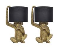 Set of 2 Gold & Black Monkey Table Lamp or Bedside Light, Fabric Shade, Height 43cm, Retro Animal Lighting