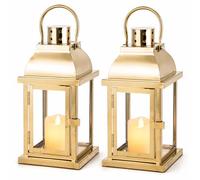Set of 2 Gold Candle Lanterns, 25cm High Large Size - Decorative Wedding Table Lantern, Vintage Metal Candle Holders with Glass for Indoor Outdoor Garden Patio Romantic Decor
