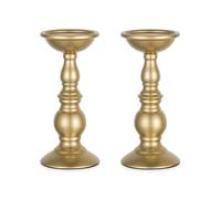 Set of 2 Gold Candlestick Metal Pillar Candle Holders, Flameless Candlestick Holders Stand Centerpieces Decoration Ideal for Weddings, Special Events, Parties