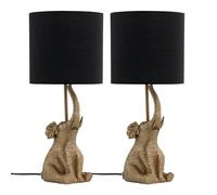 Set of 2 Gold Elephant Table Lamps or Bedside Lights with Black Fabric Shade, Gold Resin Animal, Height 46 cm, LED Compatible