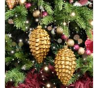 Set of 2 Gold Glitter Pine Cone Hanging Decoration 12cm