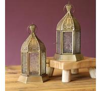 Set of 2 Gold Iron & Textured Glass Tealight Holder Lamp Ramadan Decor Lantern Moroccan Antique Brass Finish