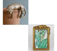 Set of 2 Gold Leopard Photo Frame 6x4, Cheetah Statue Plant Pot Hanger 16cm Home Decor Gift