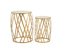 Set of 2 Gold Mirrored Glass Top Side Tables with Gold Metal Cross Design Frame