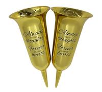Set of 2 Gold Mirrored Mirror Forever in Our Hearts Fluted Spiked Memorial Grave Flower Vases