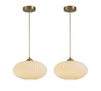 Set of 2 Gold Pendant Lights Mid Century Modern Ribbed White Glass Hanging Lamps Adjustable Cord Vintage Brass Fixtures for Kitchen Island Dining Room Bedroom