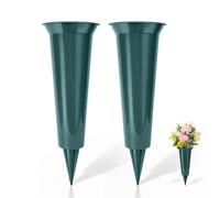Set of 2 Grave Vases with Spike - Memorial Flower Pots for Graves, Plastic Cemetery Flower Holders, Large Vase for Graveside Flowers, Memorial Vases for Graves (Plain Green)