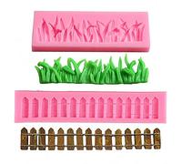 (Set of 2) Green Grass and Garden Picket Fence Silicone Fondant Mold Chocolate Candy Gumpaste Mold Cake Border Decorating Tool Polymer Clay Mold
