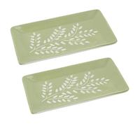 Set of 2 Green Leaf Trinket Dishes, 21cm Secret Garden Ceramic Rectangular Jewellery Trays Decorative Ring Dishes Vanity Plates