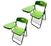 Set of 2 Green Plastic Folding Chairs with Writing Tablet Durable Steel Frame Ideal for Training Conferences Office Use Business Meetings & Learning Activities
