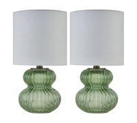 Set of 2 Green Ribbed Glass 29cm Table Lamps or Bedside Lights, White Fabric Shades, 29cm Height