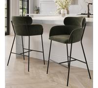 Set of 2 Green Velvet Curved Kitchen Stools with Back - Isla