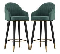Set of 2 Green Velvet Swivel Bar Stools - Counter Height Chairs with Curved Backrest Footrest & Anti-Slip Pads for Home Pub Kitchen Dining Room - 29.5" Tall