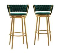 Set of 2 Green Velvet Swivel Bar Stools Modern Counter Height Chairs with Back Armless Design & Metal Legs Perfect for Kitchen Island Seat Height 65cm