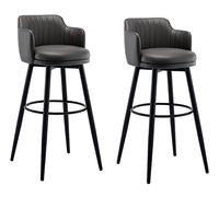 Set of 2 Grey Leather Bar Stools with Backrest & Armrests, Adjustable Swivel, Metal Base for Kitchen Island, Home Bar & Dining Room Furniture