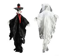 Set of 2 Halloween Hanging Specter Decorations for Party and Indoor Door Display, Featuring Tattered Fabric and Skull Head, Suitable for Various Themed Events (The groom+bridge)