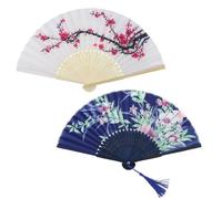Set of 2 Handheld Silk Folding Fans, Foldable Chinese Japanese Vintage Bamboo Silk Fan Black and White Imitation Silk Fabric with Hollowed Plastic Handle Elegant Accessory and Home Decor