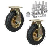 Set of 2 Heavy Duty 8-Inch & 10-Inch Pneumatic Rubber Caster Wheels with Side Brakes & Top Plate Perfect Replacement Casters for Carts Furniture Trolleys and Workbenches