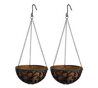 Set of 2 Heavy-Duty Cast Iron Garden Hanging Basket Planters (25.5cm) with Coco Liners - 68cm Tall, 25.5cm Wide