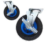 Set Of 2 Heavy Duty Rubber Swivel Casters Industrial Pneumatic Wheels With Double Ball Bearings & Brakes 200 Kg Load Capacity Per Caster-Brakes-200mm/8in