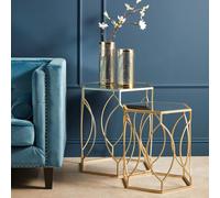 Set of 2 Hexagon Gold Champagne Finish Frame Side Tables with Mirrored Glass Top