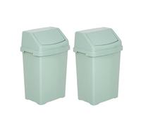 (Set Of 2) - High Grade 8L Litre Plastic Flip Top Swing Bin Waste Rubbish Dustbin Kitchen Utility Bins Trash Can Refused Bins For Kitchen, Bathroom, Bedroom, Living Room, Office - (Silver Sage)