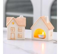 Set of 2 Hollowed Cottage House Tealight Candle Holder, Cute Ceramic Decorative Tea Light Candle Holders for Home Table Centerpiece Decorations