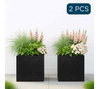 Set Of 2 Idealist™ 30Cm Planter, Black Terrazzo Effect Reinforced Stone Square Flower Box, Outdoor Plant Pot