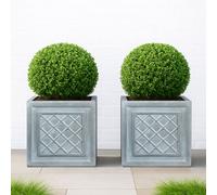 Set Of 2 Idealist™ 37Cm Square Planter, Grey Reinforced Stone Lazio Planter, Lattice Flower Box, Vintage Style Outdoor Plant Pot