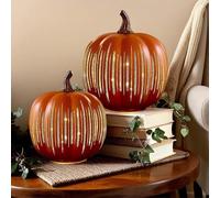 Set of 2 Illuminated Starry Night, Sparkling Starry Night Glass Pumpkin Night Light with Timer Lighting, Autumn and Thanksgiving Decorations for the Table at Home or in Country House Style (Orange S +