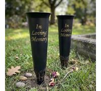 Set of 2 In Loving Memory Grave Vases with Ground Spike, Black Plastic, Conical, Memorial Flower Holders
