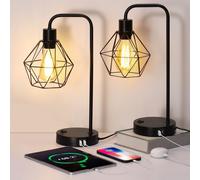 Set of 2 Industrial Table Lamps with Dual USB Ports & AC Outlet, Modern Bedside Reading Lamps, Farmhouse Edison Desk Lamp Fixtures for Bedroom, Living Room, Office（Black）