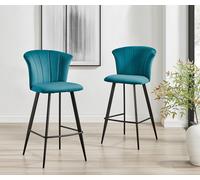 Set of 2 Juniper Soft Touch Velvet Fluted Art Deco Bar Stools With Black Metal Legs FurnitureboxUK Blue One Size