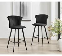 Set of 2 Juniper Soft Touch Velvet Fluted Art Deco Bar Stools With Black Metal Legs FurnitureboxUK Black One Size
