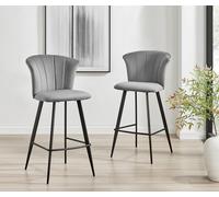 Set of 2 Juniper Soft Touch Velvet Fluted Art Deco Bar Stools With Black Metal Legs FurnitureboxUK Grey One Size