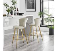 Set of 2 Juniper Soft Touch Velvet Fluted Art Deco Bar Stools With Gold Chrome Metal Legs FurnitureboxUK Beige One Size