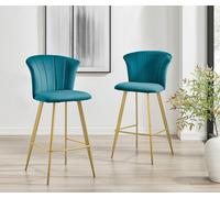 Set of 2 Juniper Soft Touch Velvet Fluted Art Deco Bar Stools With Gold Chrome Metal Legs FurnitureboxUK Blue One Size