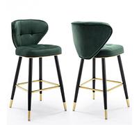 Set of 2 Kitchen Metal Frame Velvet Cover Bar Stools High Chair with Black Legs, Bar Stool with Back Upholstered Seat, for Pub Cafe Dining, Support 300LBS, Green