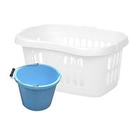 [Set of 2] - Large 60L Hipster Laundry Basket Plastic and 3 Gallon Small Bucket with Handle Multipurpose Bucket and Basket, Clothes Washing, Bedding Linen Storage - (Ice White + Blue)